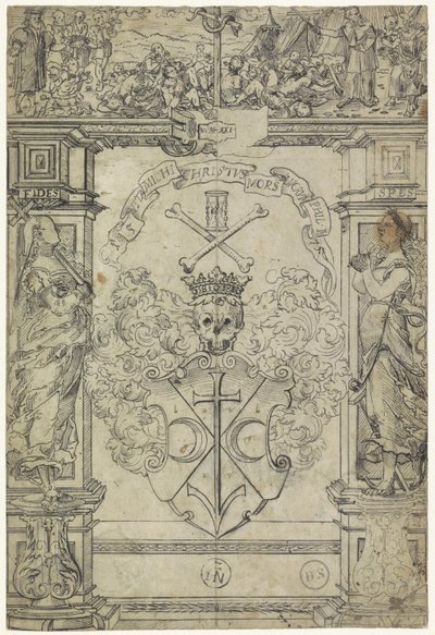 Desenho para um vitral com um brasão, as figuras Fides e Spes, e Moisés e a serpente de cobre de Anonymous
