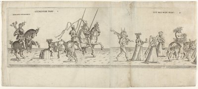 Procissão com personagens fantasiadas, incluindo o cavaleiro Bernhart von Ahren, um burro com cuspo, Janus, Baco num burro e dois músicos
Die neunde Part I e II (título sobre o objecto)
Procissão festiva com Agosto, Eleitor da Saxónia, vestido de camponê de Anonymous