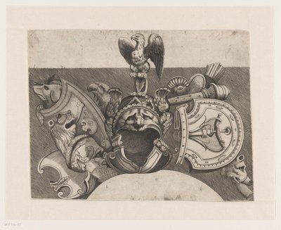 Ornamento com capacete, escudo, águia e leão de Anonymous