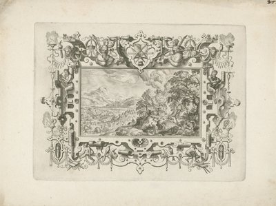 Moldura ornamental com pergaminho e figuras, mostrando a paisagem com Vénus e Adónis de Anonymous