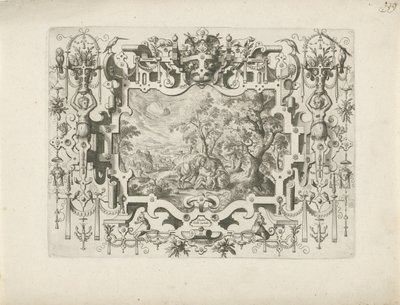 Quadro de ornamento com arabescos e figuras, em que paisagem com o Bom Samaritano de Anonymous