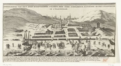 Inundações em Scheveningen no Dia de Todos os Santos, 1 de novembro de 1570 Imagem da aldeia de Schevelinge de acordo com uma pintura antiga pendurada nos Stadthuys em Haia (título no objeto) de Anonymous