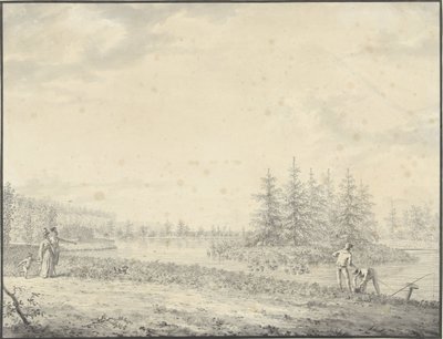 Paisagem do parque com caminhantes e pescadores de Anonymous