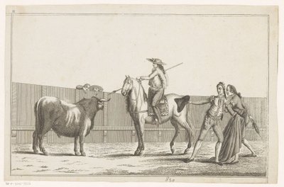 Picador aponta sua lança para um touro Coleccion de las principales suertes de una corrida de toros (título da série no objeto) Colecção das manobras tauromáquicas mais importantes (título da série) de Anonymous