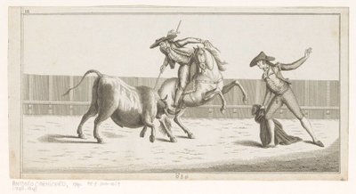 Picador empurra a sua lança para dentro de um touro
Coleccion de las principales suertes de una corrida de toros (título da série sobre o objecto)
Colecção das manobras mais importantes na tourada (título da série) de Anonymous