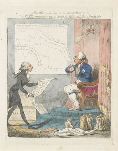 Pitt trouxe George III para o novo sobre a revolução na Holanda, 1795 Notícias na Corte da Grã-Bretanha ou Sr. Pitt anunciando a Sua Majestade a Revolução na Holanda (título no objeto) de Anonymous