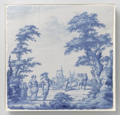 Placa pintada com paisagem com figuras de Anonymous
