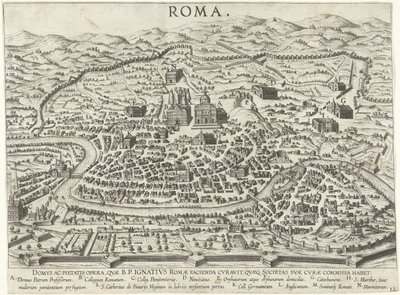 Mapa de Roma mostrando as fundações de Inácio de Loyola Vita beati patris Ignatii Loyolae (título da série) Cenas da Vida de Inácio de Loyola (título da série) de Anonymous