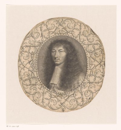 Retrato de Luís XIV rodeado por uma moldura decorativa com arabescos de Anonymous