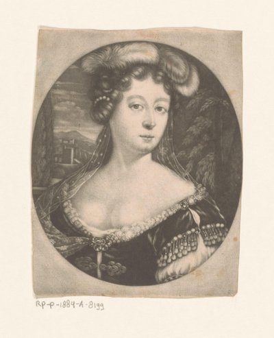 Retrato de uma mulher desconhecida com penas e pérolas no seu cabelo e vestido com pedras preciosas de Anonymous