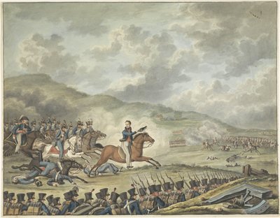 Príncipe de Orange lidera tropas holandesas em Quatre-Bras, 1815 de Anonymous