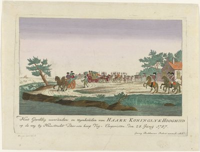 Princesa de Orange presa em Goejanverwellesluis, 1787
O grande assalto e paragem de Sua Alteza Real na estrada perto de Haastrecht por um amontoado de Free-Corporists. den 28. Junij 1787 (título sobre o objecto)
Estampas alemãs coloridas sobre d de Anonymous
