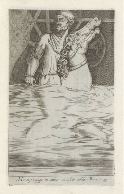 Reliëf van Horatius Cocles te paard die de Pont Sublicus in het water veridrt A imagem de Horácio na casa de um nobre romano (título no objeto) Esculturas antigas em Roma (título da série) Das estátuas antigas da cidade de Roma que são vistas em lugares pú de Anonymous