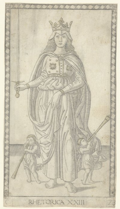 Retórica com espada e dois anjinhos com trombetas Retórica (título no objeto) Tarocchi (antigo título da série) de Anonymous