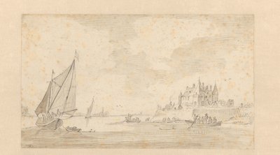 Paisagem fluvial com castelo (Loevestein?) de Anonymous