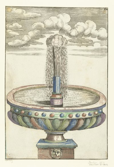 Bacia redonda sobre pedestal com cabeça de leão Architectura Curiosa Nova (título da série) de Anonymous