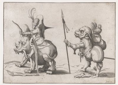 Cavaleiro sobre um monstro parecido com um elefante
Figuras grotescas rodeadas por uma linha de enquadramento (título da série) de Anonymous