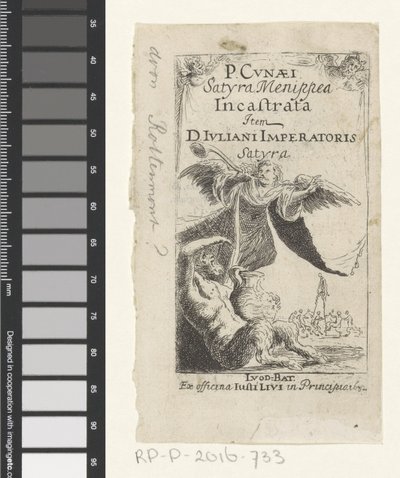 Trombeta tocando sátiro e anjo Página de rosto para: Petrus Cunaeus, Satyra Menippea Incastrata, 1632 de Anonymous