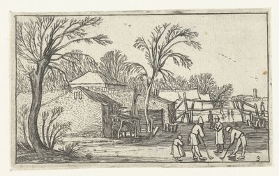 Patinadores e jogadores de garrafa no gelo para fazendas Paisagens após Esaias van de Velde (título da série) de Anonymous