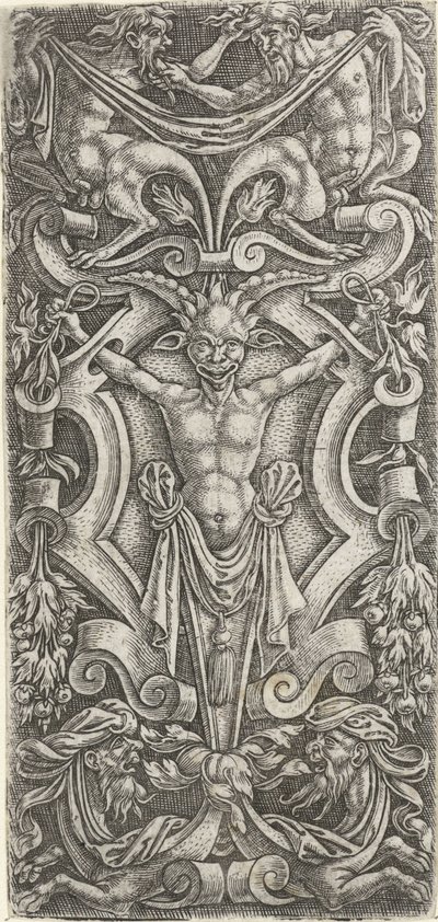 Escudo de pergaminho em frente do qual está um eremita
Decorações de plano com grotescos em pergaminho (título da série) de Anonymous