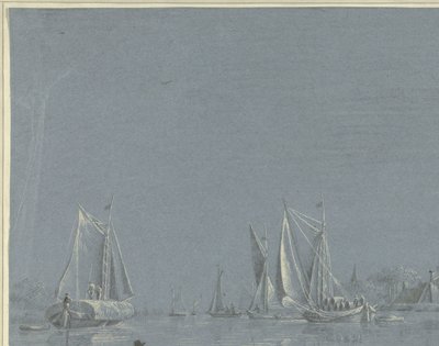 Barcaças sobre a água, um barco a remos em primeiro plano de Anonymous