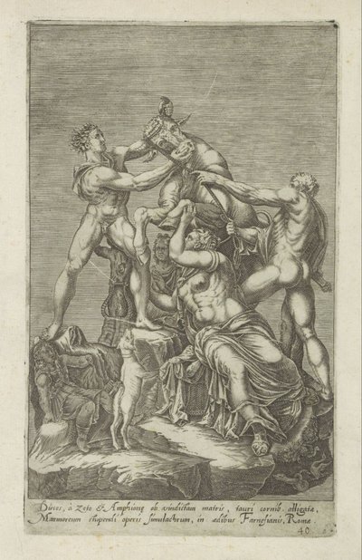 Escultura de Dirce a ser amarrada a um touro
Farnese Bull
Dirces, à zeto et Amphione ob vindictam matris (...) (título sobre o objecto)
Esculturas antigas em Roma (título da série)
Antiquarum statuarum urbis Romae quae in publicis locis visuntur icones de Anonymous