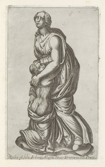 Escultura van Niobe com haar dochter Niobe com a filha no jardim do grande duque (...) (título no objeto) Esculturas antigas em Roma (título da série) Ícones das antigas estátuas da cidade de Roma que são vistas em locais públicos (título da série) de Anonymous