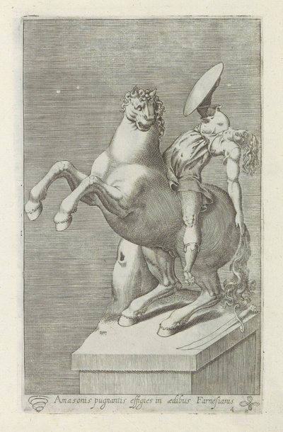 Sculptuur van een Amazone te paard
Amasonis pugnantis effigies in aedibus Farnesianis (título sobre o objecto)
Escultor antieke em Roma (título da série)
Antiquarum statuarum urbis Romae quae in publicis locis visuntur icones (título da série) de Anonymous