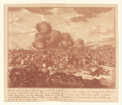 Batalha entre as tropas imperiais e os espanhóis na Sicília, junho de 1719 Bataille entre o Keyserlijke Troupen sob o controle do General Graaf van Mercy, e os espanhóis sob o controle do Marquês de Leede (...) (título no objeto) de Anonymous