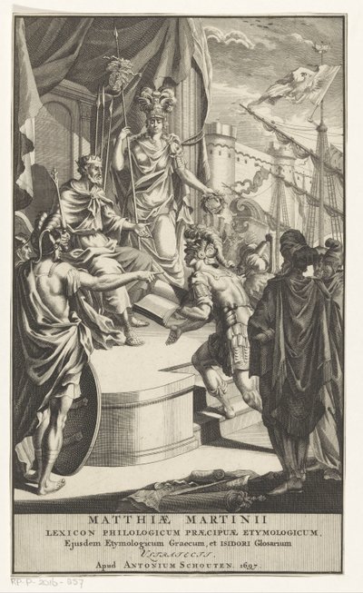 Soldado apresenta livro ao rei Página de rosto para: Matthias Martinius, Lexicon philologicum praecipuae etymologicum, 1697 de Anonymous