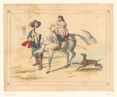 O nobre espanhol segura a mão de uma garota a cavalo Jeune Amazone / De klijne Amazon / Die kleine Amazone / The little amazon (título no objeto) de Anonymous