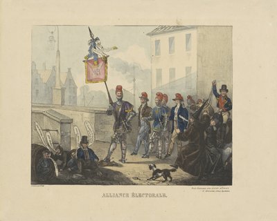 Desenho animado sobre a aliança concluída entre o partido clerical católico romano e o partido Liberal contra o governo holandês, 1828
Alliance Electorale (título sobre o objecto) de Anonymous