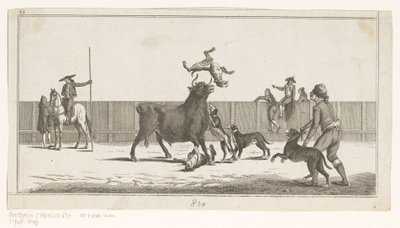Touro atacado por cães Coleccion de las principales suertes de una corrida de toros (título da série no objeto) Colecção das manobras tauromáquicas mais importantes (título da série) de Anonymous