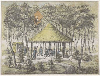 Templo e jardim em Boekel, 1831 Vista do Templo e Jardim em Boekel. Erguido e construído pela milícia de serviço da cidade de Groningen. Em reconhecimento da acolhida amistosa em 23 de junho de 1831, aos Membros da Sociedade como lembrança de Anonymous
