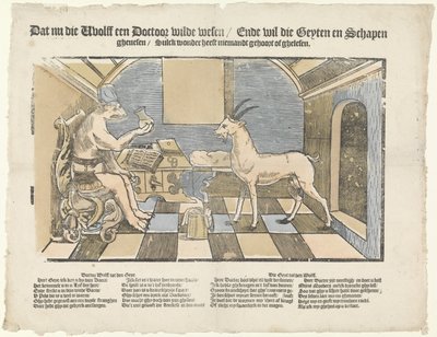 O lobo e o bode
O lobo e o bode
Dat nu die wholff een doctoor wilde wesen / Ende wilde die geyten en schapen / ghenesen / Sulck wonder heeft niemandt gehoort of ghelesen (título sobre o objecto) de Anonymous