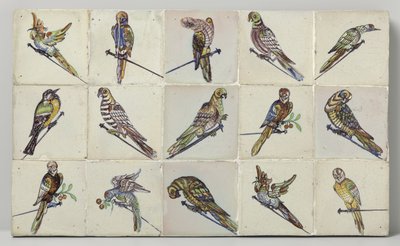Painel de azulejos com pássaros pousados ​​em pregos Campo de quinze telhas de Anonymous