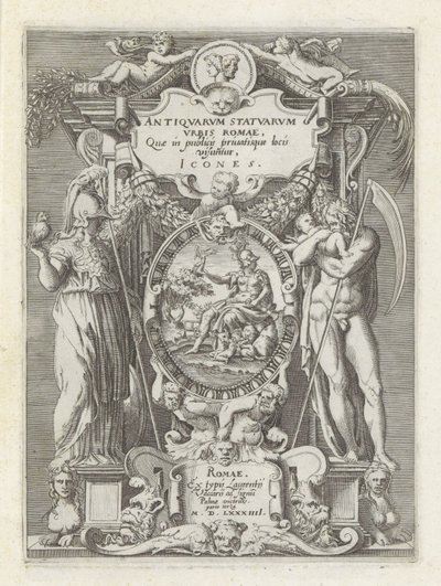 Titelprent conheceu Roma, Minerva e Saturnus Esculturas antigas em Roma (título da série) Ícones das estátuas antigas da cidade de Roma que são vistas em locais públicos (título da série no objeto) de Anonymous