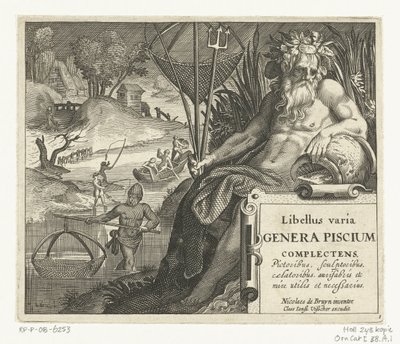 Impressão de título com título e deus do rio com tridente e rede de pesca na paisagem com pescadores
Libelivs varia Genera piscium complectens (título da série)
Peixes de água doce, peixes de mar, sapos, crustáceos e criaturas do mar (título da série) de Anonymous