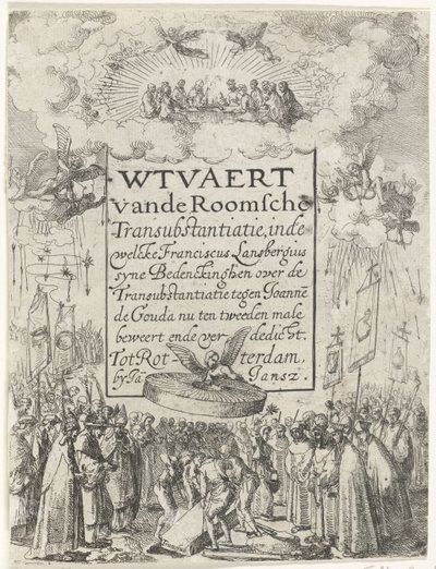 Impressão do título do panfleto Wtvaert vande Roman Transubstantiatie, 1612 Wtvaert vande Roman Transubstanciation, no welcke Franciscus Lansbergius syne Bedenckinghen sobre a Transubstanciação contra Joannes de Gouda agora afirma pela segunda vez ende v de Anonymous