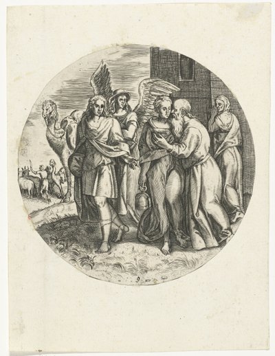 Tobias e Sara se despedem de Raguel e sua esposa História de Tobias (título da série) de Anonymous