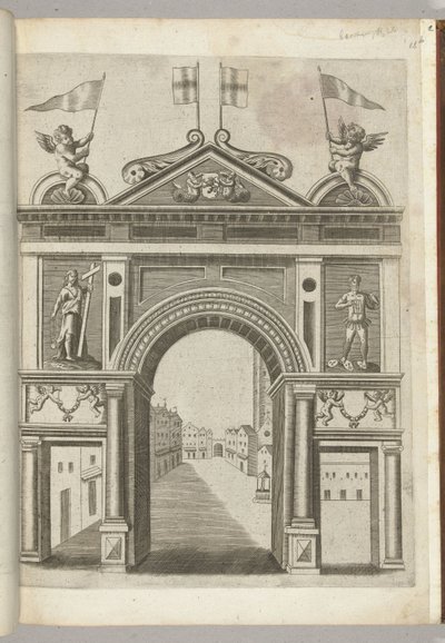 Porta triunfal com figuras alegóricas e putti segurando a cadeia da Ordem do Velo de Ouro, 1594 de Anonymous