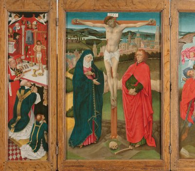 Tríptico com a Crucificação
Tríptico com a Crucificação (painel do meio), a Missa de São Gregório (dentro da ala esquerda), São Cristóvão (dentro da ala direita) e a proclamação a Maria (fora das asas) de Anonymous