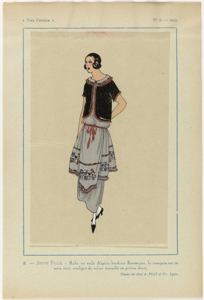 Très Parisien, 1923, No 6: 8. - Vestido com véu argelino... de Anonymous