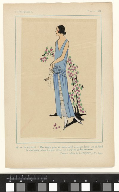Très Parisien, 1923, No. 9: 4 - TURQUOISE. - Uma bainha estreita de moiré... de Anonymous