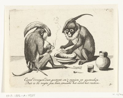Dois macacos fumando um cachimbo Várias empresas da vida humana apresentadas por macacos (título da série) O que é que me vê neste mundo? / É jogo Aape, e não de outra forma (título da série) de Anonymous