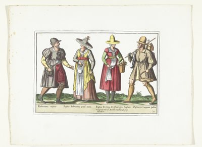 Dois camponeses e duas camponesas vestidas à moda italiana, cerca de 1580 Costumes Italiens (título no objeto) de Anonymous