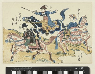Dois homens e uma mulher a cavalo Ikokujin bajo yuko no zu (título do objeto) Imagem de estrangeiros a cavalo de Anonymous