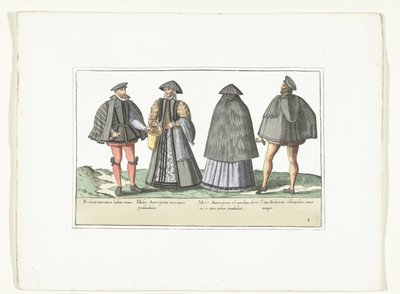 Dois homens e duas mulheres vestidos de acordo com a moda em Antuérpia e Brabant, c. 1580
Costumes civis des Pays-Bas (título sobre o objecto) de Anonymous