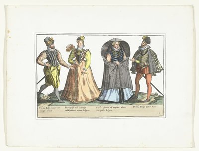 Dois homens e duas mulheres vestidos de acordo com a moda na Holanda, c. 1580 Costumes civils des Pays-Bas (título do objeto) de Anonymous