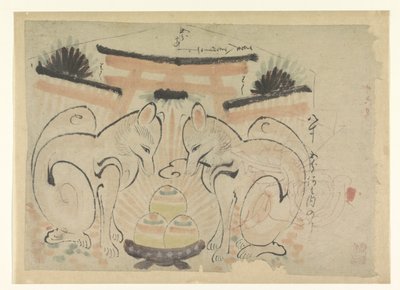 Duas raposas em um templo japonês de Anonymous